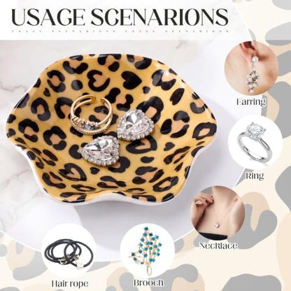4 Pack Small Jewelry Dish Ceramic Trinket Holder Leopard Print Dish Tray for Rings Earrings Necklaces Bracelets 4.3 x 3.9 Inch Key Bowl Women's Birthday Mother's Day Wedding Gift - color: Brown, style: Ceramic