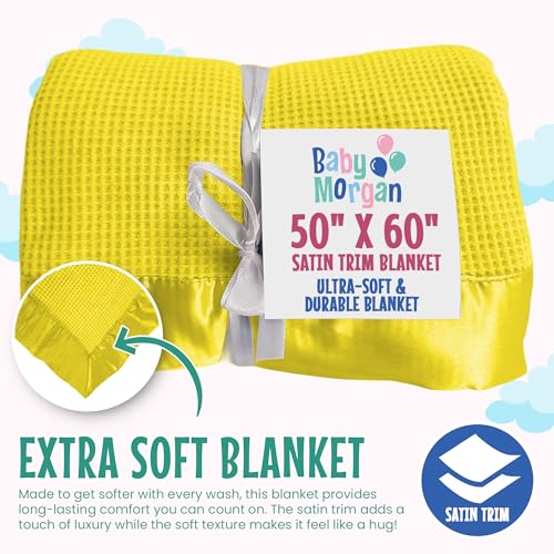 Thermal Waffle Knit Throw Blanket Satin Trim Yellow 50" x 60" | Adult throw blanket with soft lightweight waffle knit design, satin trim & breathable layer for couch, bed & living room use. - color: Yellow - Satin Trim