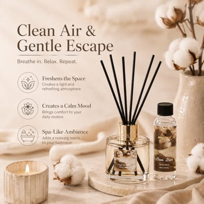 Reed Diffuser Set with Refill & 8 Reed Sticks, 6.96 fl oz Clean Linen Home Fragrance, Long Lasting Aromatherapy Diffuser for Bedroom, Bathroom & Living Room