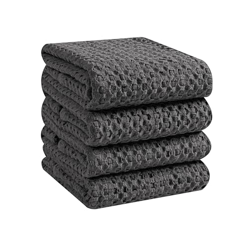Native Fab Set of 4 Premium Waffle Dish Towels 16x26 inches - Soft Absorbent - 100% Cotton Kitchen Towels for Quick Drying Dishes, Reusable Cleaning Cloths, Grey - color: Grey Premium, size: Set of 4