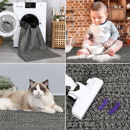 ROYHOME Runner Rug Print Braided Hallway Runner Rug Washable Entryway Rug | Stain Resistant Non-Slip Area Rug Farmhouse Solid Printed Textured Carpet for Bedroom Laundry Kitchen, Grey/Brown, 2' x 6' - color: Grey/Brown, size: 2' x 6' (Rectangular)