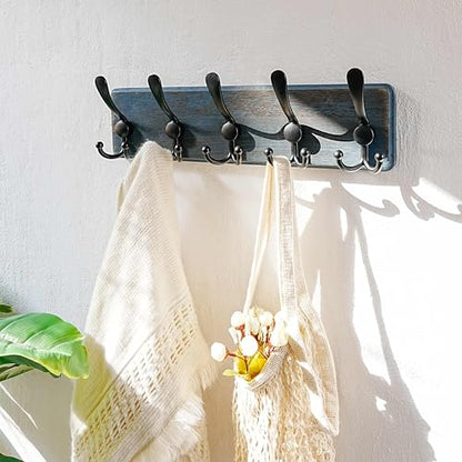 Coat Rack Wall Mount - Heavy-Duty Robust Barnwood-Style Wooden Wall Coat Hanger Hook Rail with 5 Triple Hooks for Winter Coats Hat Jacket Clothing, Weathered Blue & Black - color: Weathered Blue & Black, size: L=17.4"