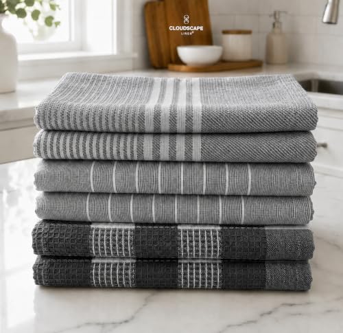 CSL Premium Kitchen Towels Set of 6,Highly Absorbent,Quick Dry,18x28, Grey | Neutral Tone, Pairs with any Style, Hanging Loop, Versatile for Everyday Hands and Counter Care, Great Bundle Value - color: Grey - Waffle, size: 6 Pack