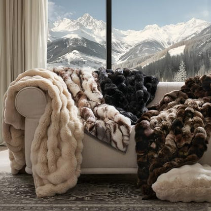 Faux Rabbit Fur Bubble Throw Blanket, 50"x60", Beige & Gray | Ultra Soft, Luxury Faux Rabbit Fur Throw, Thick Warm Bubble Blanket, Cozy Fluffy Reversible, for Bed, Couch, Chair, Sofa - color: Marble Beige & Grey Chocolate, size: 50"x60"