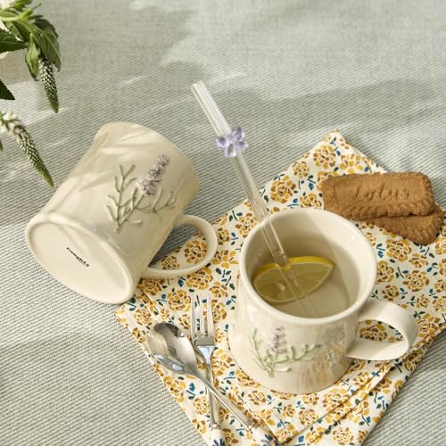 Artisanal Handcrafted Ceramic Mug with Sage Botanical Design - 10oz Off-White Stoneware Coffee Cup, Elegant Purple Sage Pattern, Dishwasher Safe, Comfort Grip Handle for Daily Use - color: Sage-1 Pack