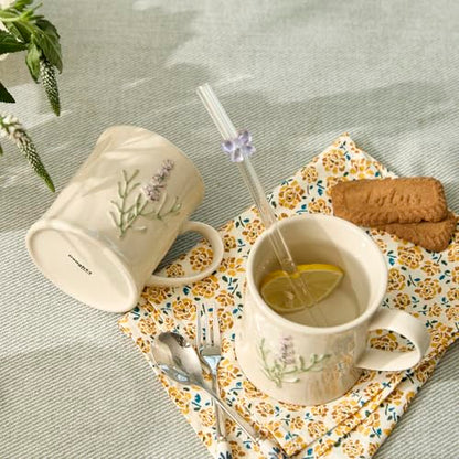 Artisanal Handcrafted Ceramic Mug with Sage Botanical Design - 10oz Off-White Stoneware Coffee Cup, Elegant Purple Sage Pattern, Dishwasher Safe, Comfort Grip Handle for Daily Use - color: Sage-1 Pack