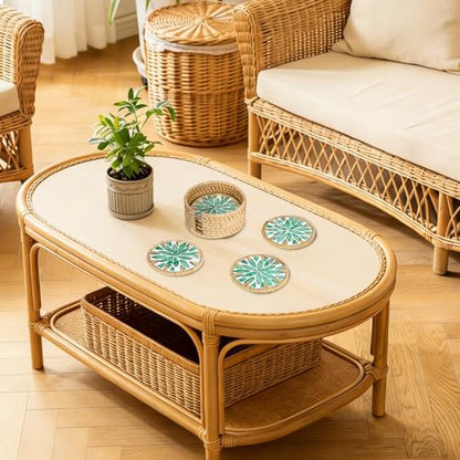 Boho Coastal Coasters Set of 6, Handmade Coasters with Holder - Cup Mat for Coffee Table, Boho Coaster for Home Décor Accents, Heat Insulation, Rattan & Mother of Pearl, 4 Inch(Green Leaf) - style: Green Leaf