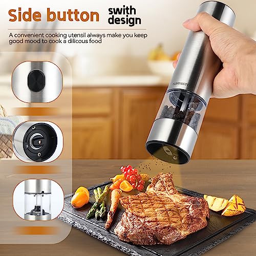 Electric Pepper Grinder & Salt Mill - Battery Operated Stainless Steel Body with Transparent Container LED Light One-Hand Operation Push-Button Switch Adjustable Coarseness Easy Refill & Clean | Side-button switch, stainless steel body, 70ml transparent c