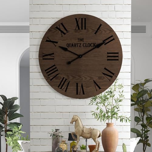ARTPOWER 35.5” Extra Large Giant Farmhouse Wall Clock, Brown | Oversized, with Big Roman Numeral, Nearly Non-Ticking, Shiplap Wood, for Living Dining Room Decor, Entrance - color: Brown, size: 35.5"W x 35.5"H