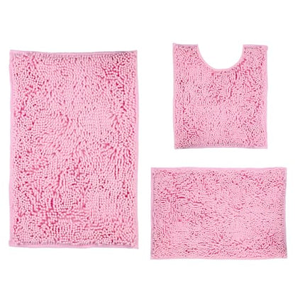 Pink Bathroom Rugs Sets 3 Piece Washable, Luxury ，Chenille Bath Mat Set, Soft Plush Anti-Slip Rectangular Bath， Rug Super Absorbent.3 Pieces Bathroom (Pink, 32"x20"+24"x16"+U Shape 20"x20") - color: Pink, size: 32"x20"+24"x16"+U Shape 20"x20"
