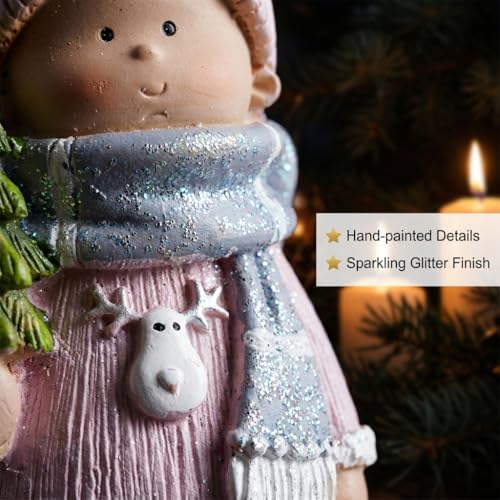 Christmas Home Decor Set of 2 Resin Mini Sculptures with Reindeer Hats, Cute Female Themed Winter Ornaments for Mantel, Tiered Tray & Indoor Tabletop Christmas Decor