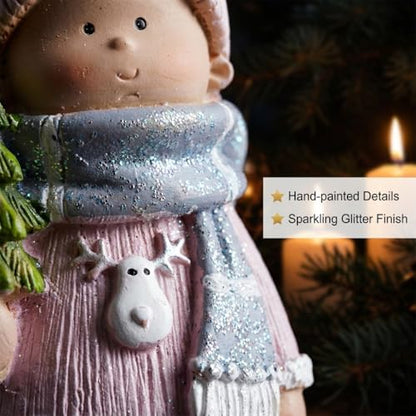 Christmas Home Decor Set of 2 Resin Mini Sculptures with Reindeer Hats, Cute Female Themed Winter Ornaments for Mantel, Tiered Tray & Indoor Tabletop Christmas Decor
