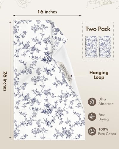 2pcs Cotton Waffle Kitchen Towels, Toile Print | Waffle Weave, Terry Cloth, Pure Cotton, Sustainable, 16"x26", Highly Absorbent, with Hanging Loop, Giftable Package - color: Toile Print