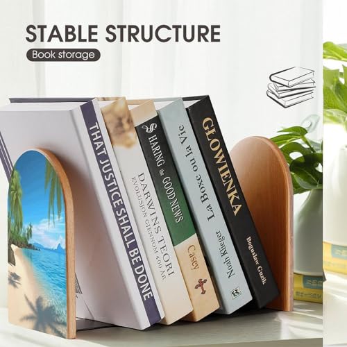 Personalized Hawaiian Beach with Palm Trees Book Ends for Shelves, Large Heavy Duty Wooden Bookends with Non-Skid Metal Base Book Holder Decorative Book Stopper for Home Office Supplies 1 Pair