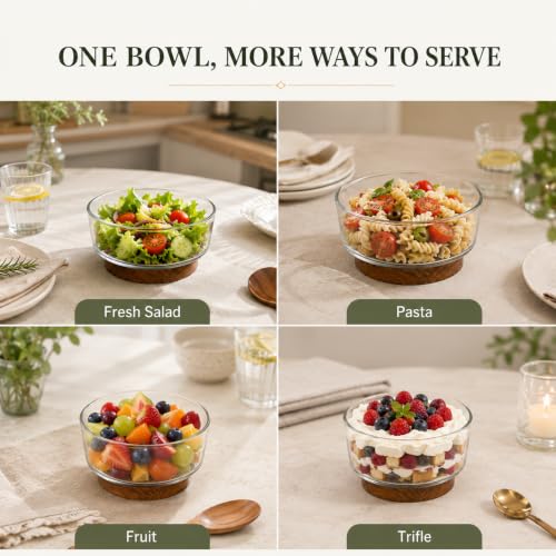 OMISTAR 3.8 Qt Glass Salad Bowl Set with Acacia Wood Base and Salad Servers | Dishwasher-safe for easy cleanup; made for pasta, fruit, trifle and generous sides at family dinners, potlucks and holidays