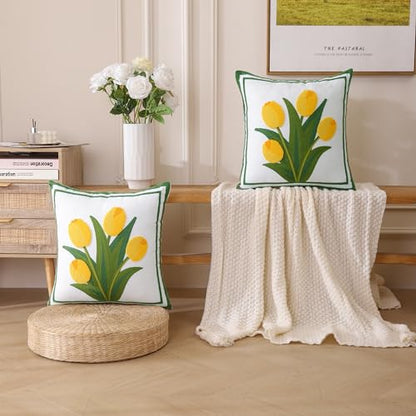 LUOYEHK Embroidered Throw Pillow Cover 18x18 Inch Set of 2 Farmhouse Floral Square Pillowcase Spring Canvas Cushion Covers for Living Room Sofa Bed (Yellow Tulip) - color: Yellow Tulip