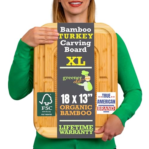 GREENER CHEF 18 Inch Extra Large Organic Turkey Carving Board with Lifetime Replacements - XL Wooden Butcher Block Meat Cutting Board with Pour Spout - Thanksgiving Cooking Essentials - size: 18"L x 13"W