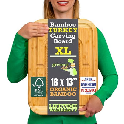 GREENER CHEF 18 Inch Extra Large Organic Turkey Carving Board with Lifetime Replacements - XL Wooden Butcher Block Meat Cutting Board with Pour Spout - Thanksgiving Cooking Essentials - size: 18"L x 13"W