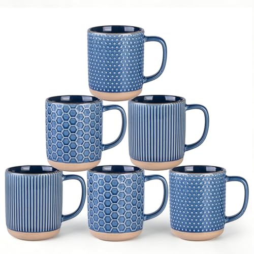 GBhome Coffee Mugs Set of 6, 16 oz Blue Coffee Cups with Large Handle | 3 Assorted Designs, Embossed Ceramic Coffee Mugs for Coffee/Tea/Cappuccino, Dishwasher&Microwave Safe - color: Moonlight Blue, size: Set of 6 (16 Ounce)