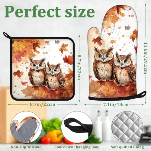 Autumn Maple Owls Oven Mitts and Pot Holders Sets 4 Pcs Silicone Kitchen Gloves Heat Resistant Fall Potholders for Baking Grilling BBQ - color: Fall Owl