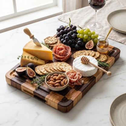 Checkered Cutting Board for Kitchen, 15"x10.4"x1.2" End Grain Cutting Board, Solid Ebony and Rubberwood Butcher Block Cutting Board with Juice Groove, Reversible Wooden Charcuterie Board