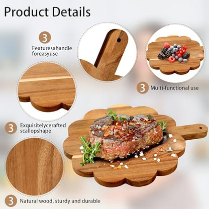 Scalloped Cutting Board with Handle, Acacia Wood Decorative Cutting Board | Round Kitchen Chopping Boards for Pizza, Bread, Cheese, Fruits, Vegetables, 12 x 10 x 0.63 Inch
