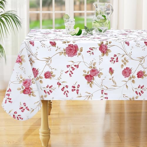 Rectangle Waterproof Vinyl Table Cloth, Plastic Tablecloth with Flannel Backing, Wipeable Table Cover for Dinner, Picnic, Indoor and Outdoor (Pink Flowers, 52" x 70") - color: Pink and White, size: 70" x 52" (Rectangular)