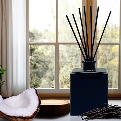 Reed Diffuser Set, Mahogany Coconut - Bathroom Shelf Décor | Sandalwood, Vanilla & Oakmoss, 5 ounce Sleek Black Rectangular Refillable Glass Bottle, Made in the USA - color: Mahogany Coconut