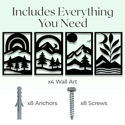 GALLERY GRACE 4-Pc Metal Mountain Landscape Wall Art, Black Wall Decor Set | 11 x 16 In Panels, Mountain, Tree and Sunrise Design, Minimalist Abstract Style, Ready to Hang, for Living Room or Bedroom - style: Abstract Landscape