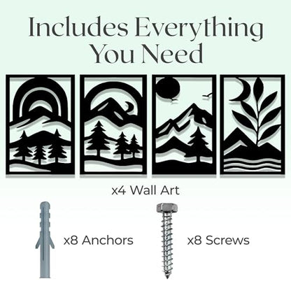 GALLERY GRACE 4-Pc Metal Mountain Landscape Wall Art, Black Wall Decor Set | 11 x 16 In Panels, Mountain, Tree and Sunrise Design, Minimalist Abstract Style, Ready to Hang, for Living Room or Bedroom - style: Abstract Landscape