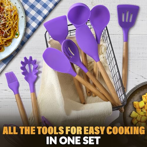 12 Pcs Purple Kitchen Accessories Set with Holder, Silicone Heads | Purple Kitchen Utensils Set for Cooking and Baking; Wooden Handles; Heat-Resistant up to 446°F; Non-Scratch for Nonstick Pans - color: Purple