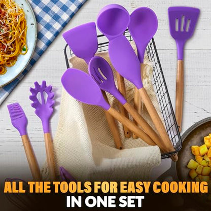 12 Pcs Purple Kitchen Accessories Set with Holder, Silicone Heads | Purple Kitchen Utensils Set for Cooking and Baking; Wooden Handles; Heat-Resistant up to 446°F; Non-Scratch for Nonstick Pans - color: Purple