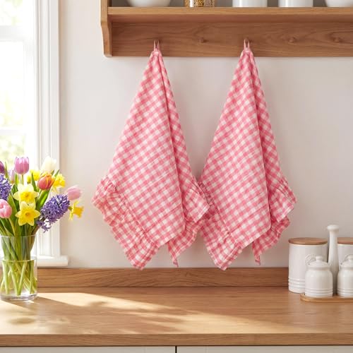 HunnmingRe Watermelon Pink Kitchen Towels Set of 2, 100% Cotton Ruffled Gingham Dish Towels 18"x28" Tea Cloths Classic Plaid Pattern for Farmhouse Charm, Drying Dishes, Entertaining Guests - color: Watermelon Pink, style: Gingham