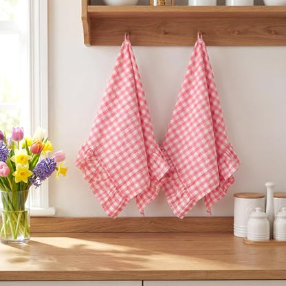 HunnmingRe Watermelon Pink Kitchen Towels Set of 2, 100% Cotton Ruffled Gingham Dish Towels 18"x28" Tea Cloths Classic Plaid Pattern for Farmhouse Charm, Drying Dishes, Entertaining Guests - color: Watermelon Pink, style: Gingham