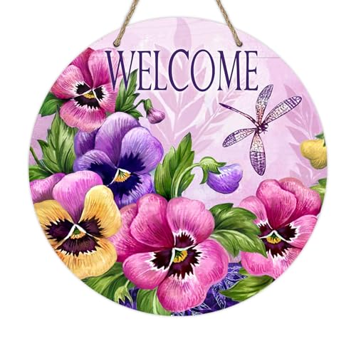 Deroro Welcome Spring Summer Pansy Flower Front Door Sign | Pink Floral Dragonfly Wood Door Hanger Outdoor Outside Porch Decor, Seasonal Wooden Wreath Indoor Wall Hanging Decoration - color: Pink
