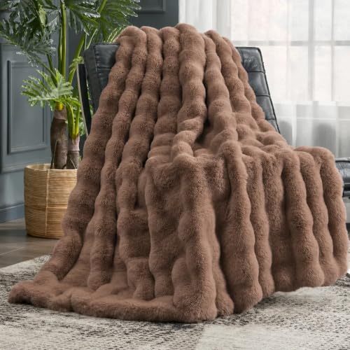 Cozy Bliss Faux Fur Throw Blanket for Couch, Fuzzy Soft Plush Thick Bubble Blanket for Sofa Bedroom Living Room, 50 * 60 Inches Light Brown - color: Light Brown, size: Throw(50" x 60")
