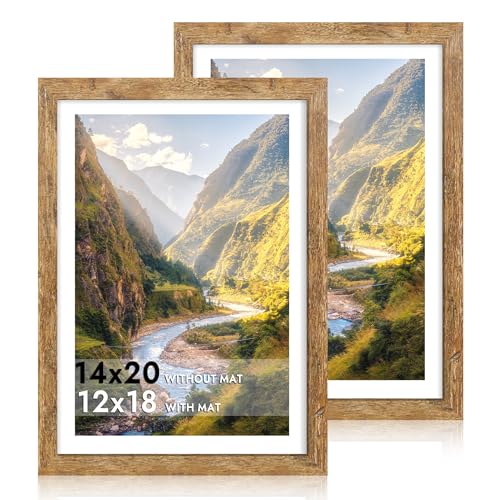 iRahmen 14x20 Picture Frame Set of 2, Brown Rustic Wood Poster Frame with Plexiglass, Display 12x18 Pictures with Mat or 14 x 20 Without Mat for Horizontal or Vertical Wall Mounting - color: Rustic Brown, size: 14X20
