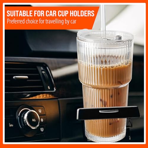SUROQUE 20oz Ribbed Glass Tumblers with Lids & Straws, Ideal for Iced Coffee, Cocktails & More - Includes Cleaning Brush - color: 4 Pack - 20OZ Standard