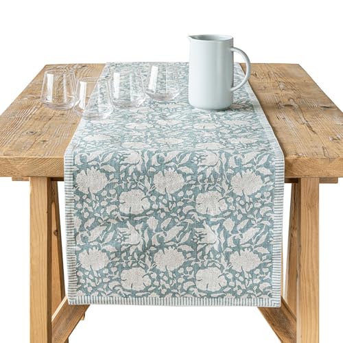 Over&Back 18x108 Hand-Blocked Printed Cotton Table Runner - Washable Table Runners for a Custom Home Decor Tablescape - Perfect for Coffee Table, Dinner Table, Living Room, and More - Blue Floral - color: Blue Floral, size: Runner | 18x108