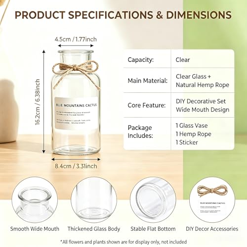 6.38 Inch 17oz Clear Glass Vase, Wide Mouth Flower Vase with Hemp Rope | Thickened Glass Body, Natural Hemp Rope, Smooth Wide Mouth, Stable Base, DIY Sticker Included, 2 Color Options - color: Clear