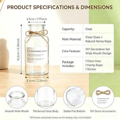 6.38 Inch 17oz Clear Glass Vase, Wide Mouth Flower Vase with Hemp Rope | Thickened Glass Body, Natural Hemp Rope, Smooth Wide Mouth, Stable Base, DIY Sticker Included, 2 Color Options - color: Clear