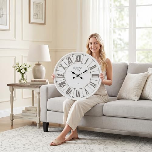 EMAX HOME Farmhouse 24 Inch Wooden Large Wall Clock, Silent Non-Ticking Quartz Movement, Battery Operated Modern Rustic Clock for Living Room, Kitchen, Office, Home Decor