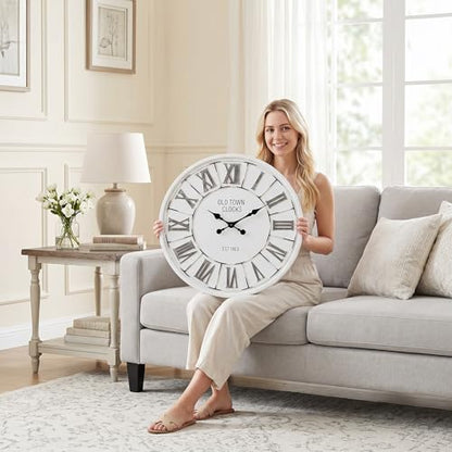 EMAX HOME Farmhouse 24 Inch Wooden Large Wall Clock, Silent Non-Ticking Quartz Movement, Battery Operated Modern Rustic Clock for Living Room, Kitchen, Office, Home Decor
