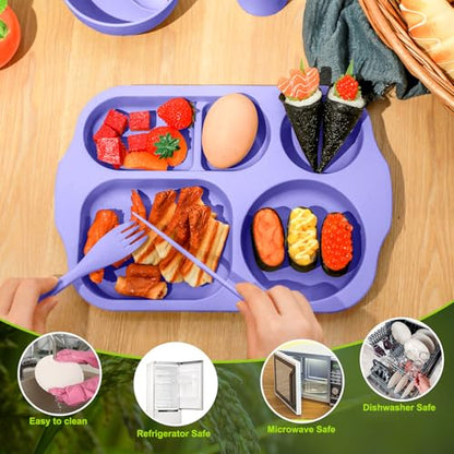 Honoson 24 Pcs Wheat Straw Dinnerware Cutlery Set, Service for 4, Unbreakable Plates and Bowls Set - Divided Plates, Bowls, Spoons, Forks & Knives, Microwave & Dishwasher Safe(Light Purple) - color: Light Purple