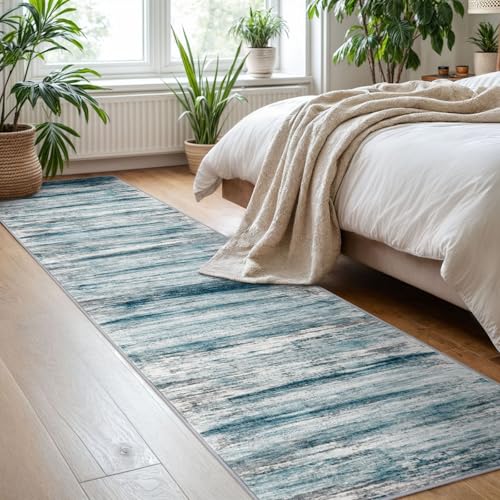 KOZYFLY Modern Abstract Runner Rug, 2x8 Kitchen Rugs Non-Slip Washable Soft Striped Hallway Runner Rugs, Print Blue Carpet Runner for Entryway Bathroom Laundry Room Foyer - color: Blue, size: 2' x 8' (Runner)