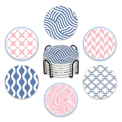 Pink Blue Geometric Ceramic Coasters with Holder Set of 6 | Modern Abstract Art Absorbent Drink Cup Mat for Coffee Table Protection, 4'' Minimalist Home Kitchen Decor Housewarming Gifts