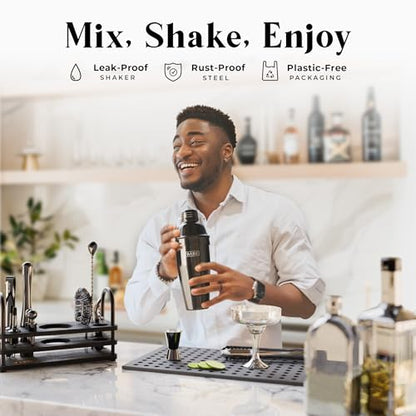 BARE BARREL® Mixology Bartender Kit Bar Set | 14-Piece Cocktail Shaker Set | Martini Barware Mixing Tools for Home Bartending | 35 Recipe Cards | Gift Set (24oz Cobbler Shaker, Jet Black/Black) - color: Jet Black/Black