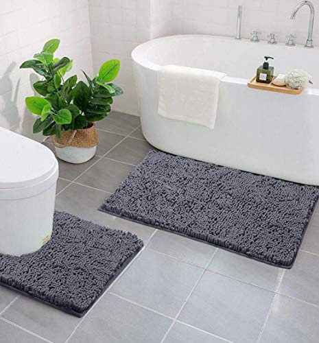 LuxUrux Bathroom Rugs Sets 2 Piece, Bathroom Rug Set, Soft Absorbent Chenille Bath Mat & Contour Toilet Rug, Non Slip, Quick Dry, Machine Washable Shaggy Bathroom Mats (Gray, 20"x30"+20"x20" U-Shaped) - color: Dark Grey, size: 2 Piece Set