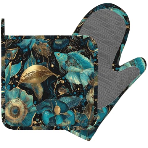 Vintage Flowers and Gold Fish Oven Mitts and Pot Holders Sets Silicone Heat Resistant Kitchen Oven Gloves Pot Holder for Cooking Baking Grilling BBQ - color: Vintage Flowers and Gold Fish