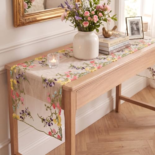 Embroidered Lace Table Runner Spring Summer Floral Tulle Trim Table Runner Flowery for Easter Home Kitchen Dining Wedding Party Indoor Decoration(13 x 60 Inch) - size: 13 x 60 inches